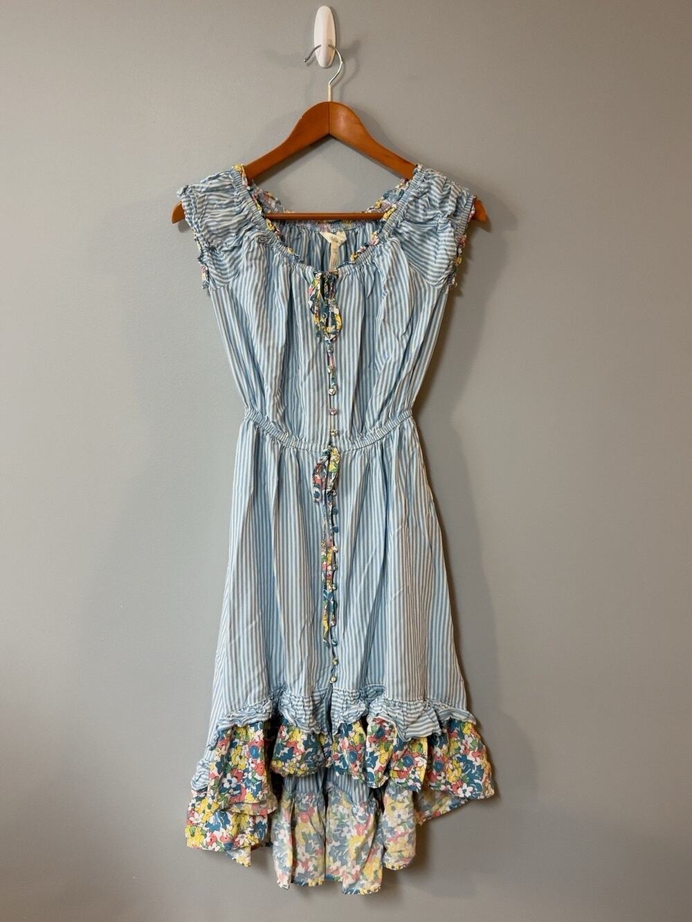 Matilda Jane Womens XS Blue White Striped Floral Ruffle Hi Low Midi Dress Boho